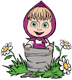 Masha in bucket among flowers